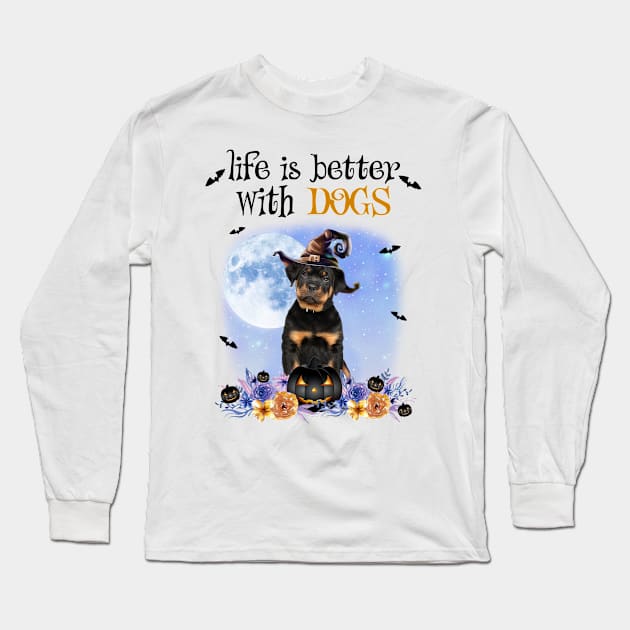 Rottweiler Witch Hat Life Is Better With Dogs Halloween Long Sleeve T-Shirt by TATTOO project